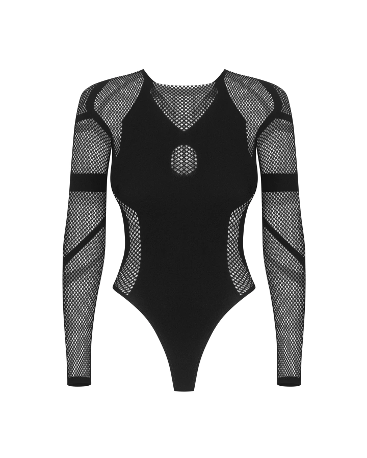 Black, knitwear bodysuit with long sleeves